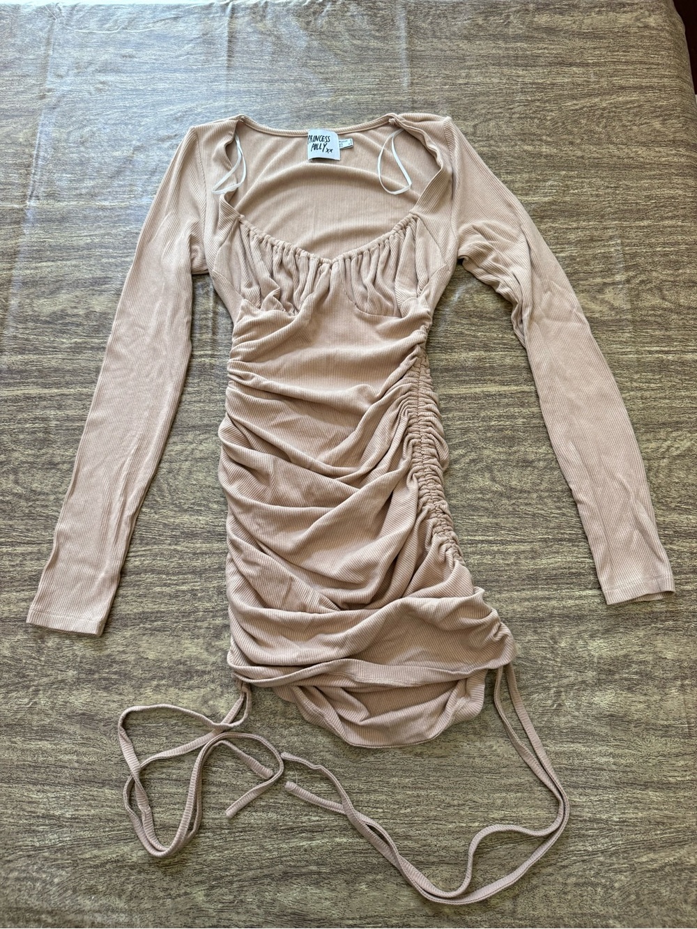 Princess Polly Beige Ruched Long-Sleeve Mini Dress